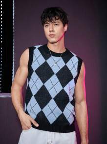 SWAVVY 1入組菱形印花毛衣背心 - 彩色 - 查看 4