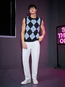 SWAVVY 1入組菱形印花毛衣背心 - 彩色 - 查看 8