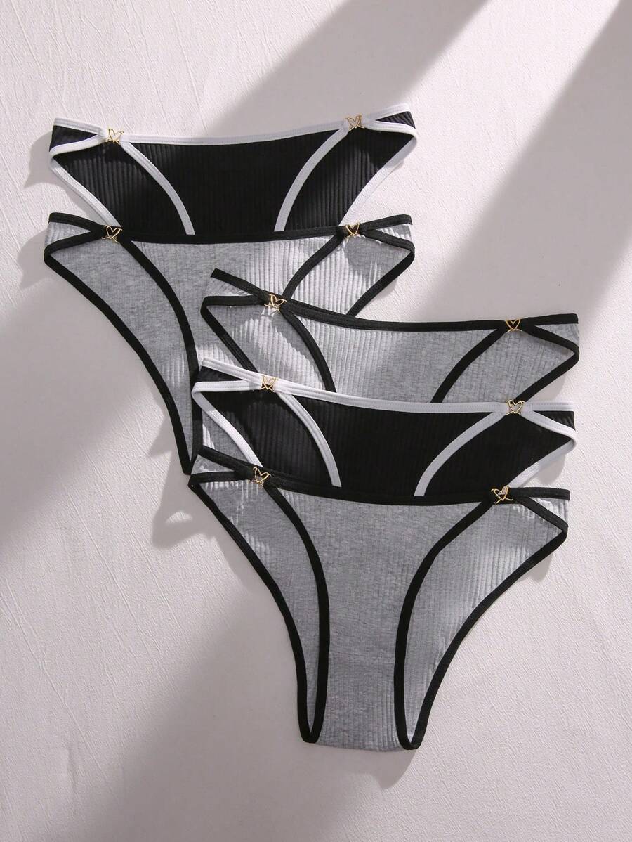 5件撞色滾邊條紋針織內褲 - 彩色 - 查看 1