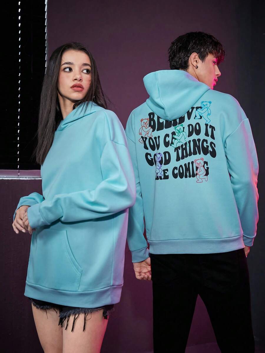 SWAVVY 1 件超大號連帽衫,附標語印花、袋鼠口袋和落肩設計 - 藍色 - 查看 1