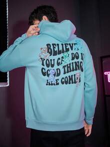 SWAVVY 1 件超大號連帽衫,附標語印花、袋鼠口袋和落肩設計 - 藍色 - 查看 2