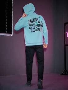 SWAVVY 1 件超大號連帽衫,附標語印花、袋鼠口袋和落肩設計 - 藍色 - 查看 3