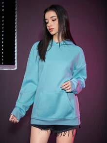 SWAVVY 1 件超大號連帽衫,附標語印花、袋鼠口袋和落肩設計 - 藍色 - 查看 4