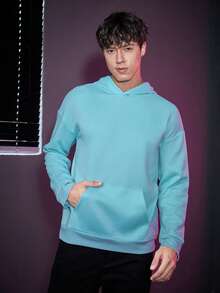 SWAVVY 1 件超大號連帽衫,附標語印花、袋鼠口袋和落肩設計 - 藍色 - 查看 5