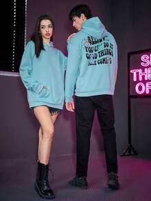 SWAVVY 1 件超大號連帽衫,附標語印花、袋鼠口袋和落肩設計 - 藍色 - 查看 6