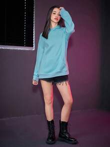 SWAVVY 1 件超大號連帽衫,附標語印花、袋鼠口袋和落肩設計 - 藍色 - 查看 7