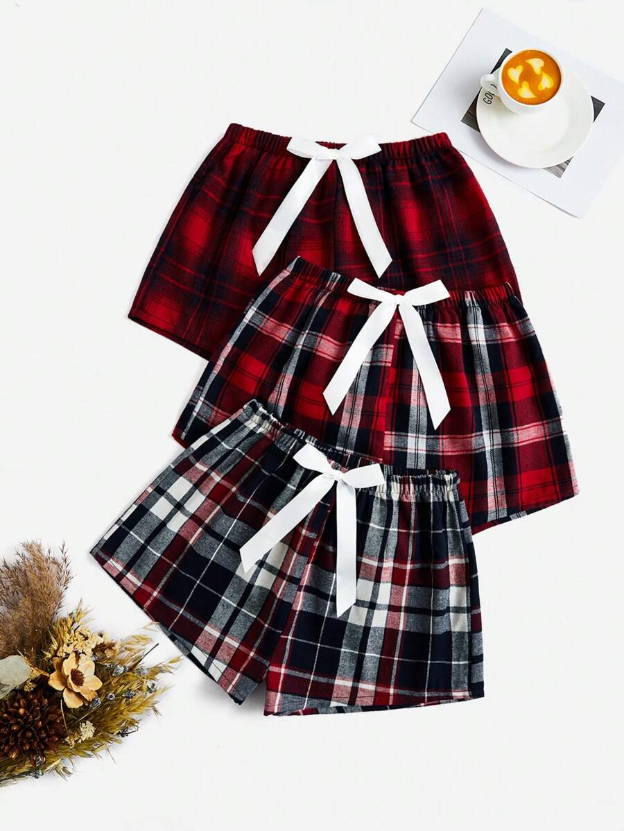 SHEIN 3pcs Plaid Print Bow Front Pajama Sleep Shorts - Multicolor - View 1