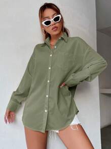 SHEIN Unity 女士休闲日常通勤简约纯色落肩宽松长袖衬衫，春秋季 - 軍綠色 - 查看 4