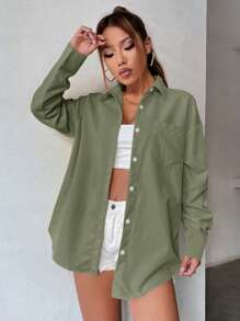 SHEIN Unity 女士休闲日常通勤简约纯色落肩宽松长袖衬衫，春秋季 - 軍綠色 - 查看 5