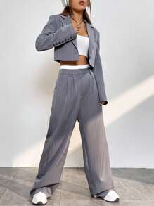 SHEIN EZwear Striped Print Crop Blazer & Colorblock Pants In Fall/Winter