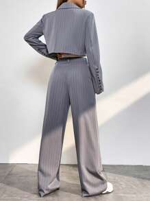 SHEIN EZwear Striped Print Crop Blazer & Colorblock Pants In Fall/Winter