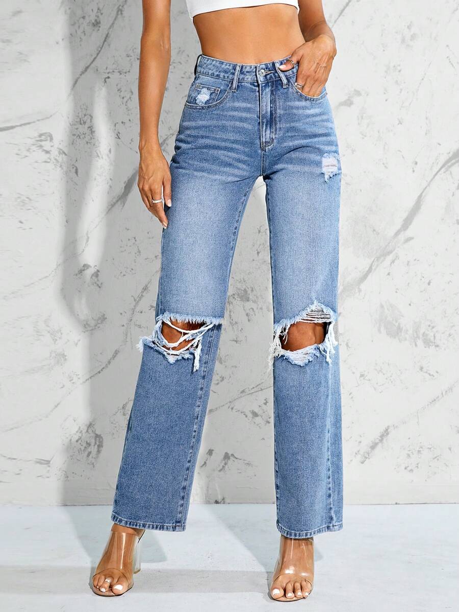 SHEIN Essnce High Waist Ripped Straight Leg Jeans - Light Wash - View 1