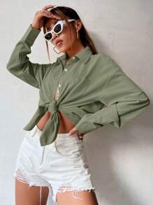 SHEIN Unity 女士休闲日常通勤简约纯色落肩宽松长袖衬衫，春秋季 - 軍綠色 - 查看 6