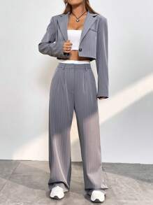 SHEIN EZwear Striped Print Crop Blazer & Colorblock Pants In Fall/Winter