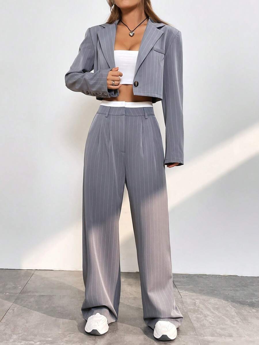 SHEIN EZwear Striped Print Crop Blazer & Colorblock Pants In Fall/Winter