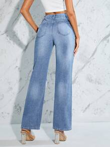 SHEIN Essnce High Waist Ripped Straight Leg Jeans - Light Wash - View 2