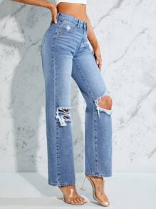 SHEIN Essnce High Waist Ripped Straight Leg Jeans - Light Wash - View 3