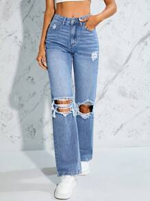 SHEIN Essnce High Waist Ripped Straight Leg Jeans - Light Wash - View 4
