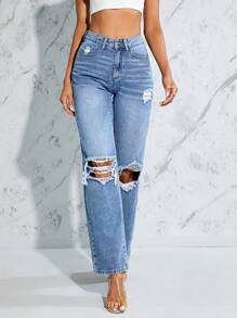 SHEIN Essnce High Waist Ripped Straight Leg Jeans - Light Wash - View 5