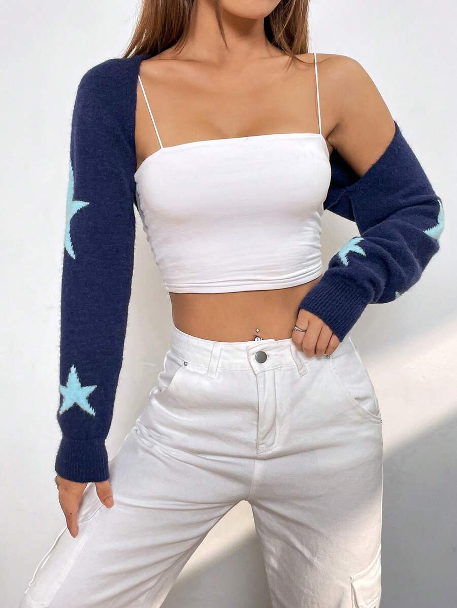 SHEIN EZwear Star Pattern Crop Cardigan - Navy Blue - View 1