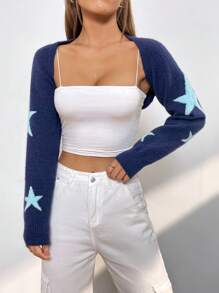 SHEIN EZwear Star Pattern Crop Cardigan - Navy Blue - View 4