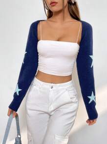SHEIN EZwear Star Pattern Crop Cardigan - Navy Blue - View 5