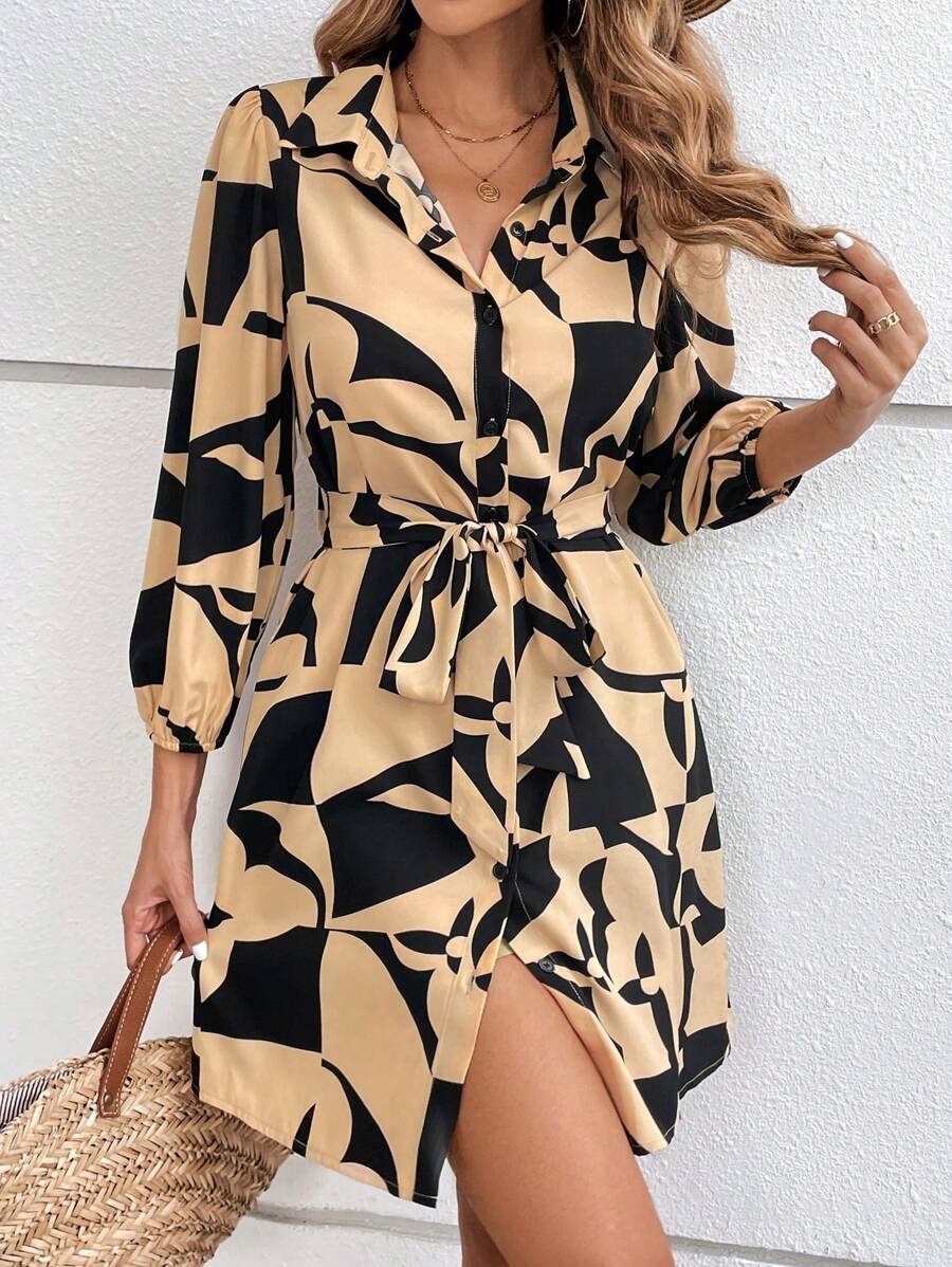 Breezaya Allover Print Belted Shirt Dress - Brown - View 1