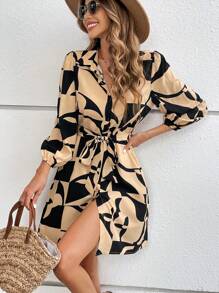 Breezaya Allover Print Belted Shirt Dress - Brown - View 3