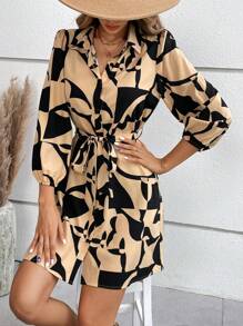 Breezaya Allover Print Belted Shirt Dress - Brown - View 6