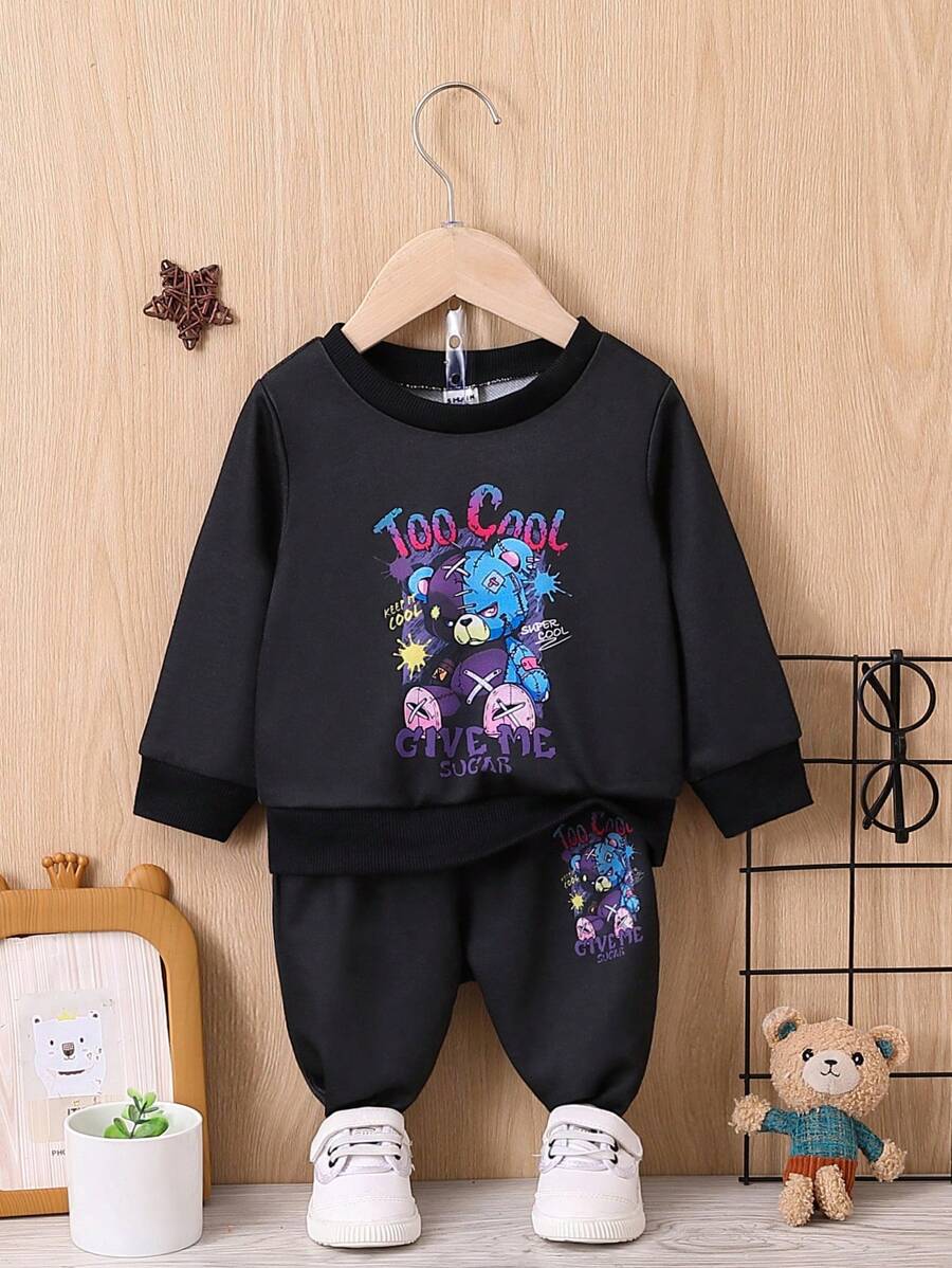 女嬰字母和卡通圖案衛衣和衛褲 - 黑色 - 查看 1