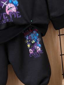 女嬰字母和卡通圖案衛衣和衛褲 - 黑色 - 查看 6