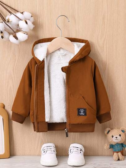 Bebé niño Cazadora con diseño de parche de letra con forro teddy con capucha