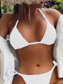 SHEIN Swim Summer Beach Solid Halter Triangle Bikini Top - White - View 2