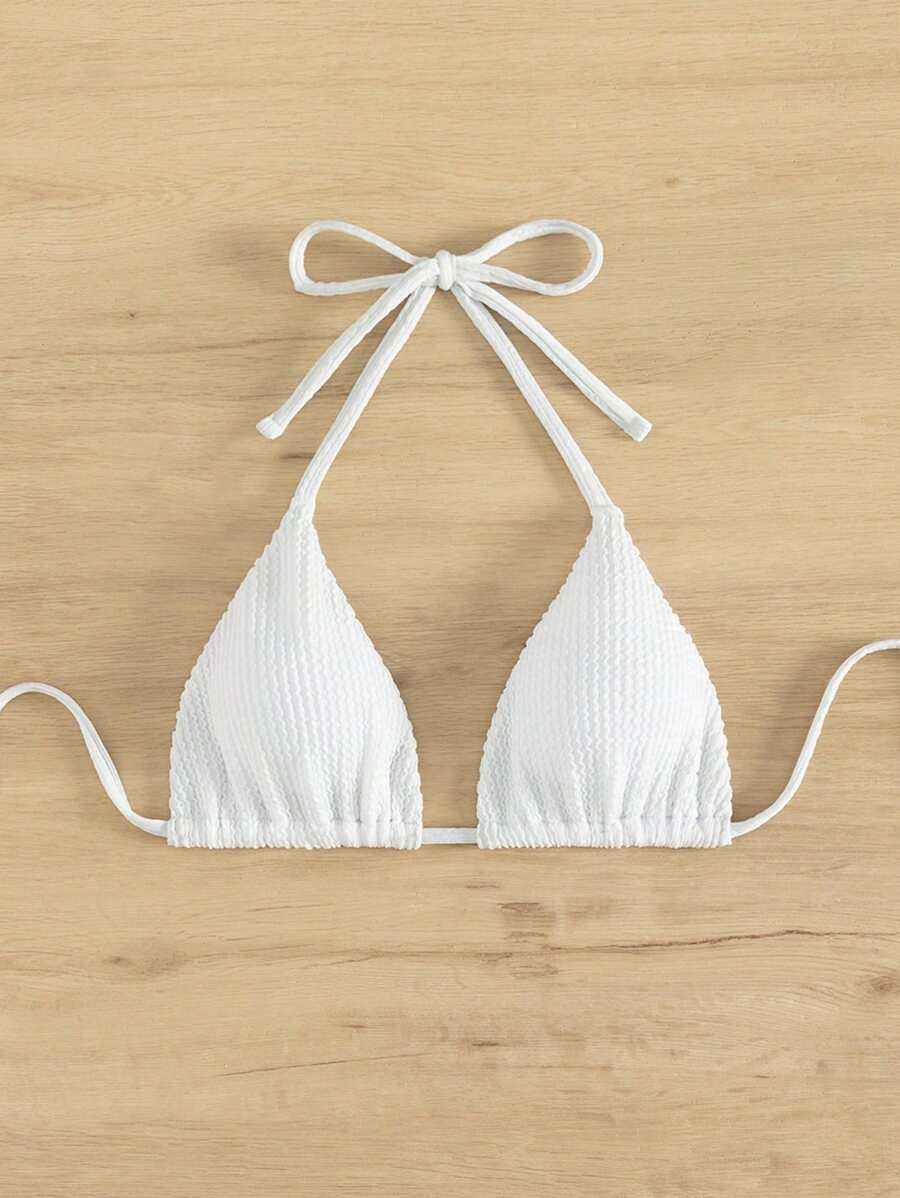 SHEIN Swim Summer Beach Solid Halter Triangle Bikini Top - White - View 1