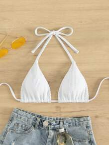 SHEIN Swim Summer Beach Solid Halter Triangle Bikini Top - White - View 6