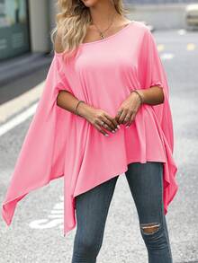 SHEIN LUNE Asymmetrical Neck Batwing Sleeve Tee - Hot Pink - View 4