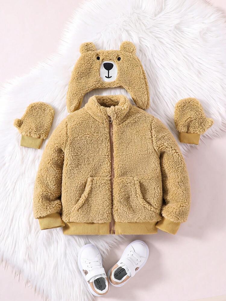 Young Boy Casual Daily Commute Cute Stand Collar Zip-Up Fleece Jacket With Embroidered Hood And 1 Pair Of Gloves, Autumn/Winter