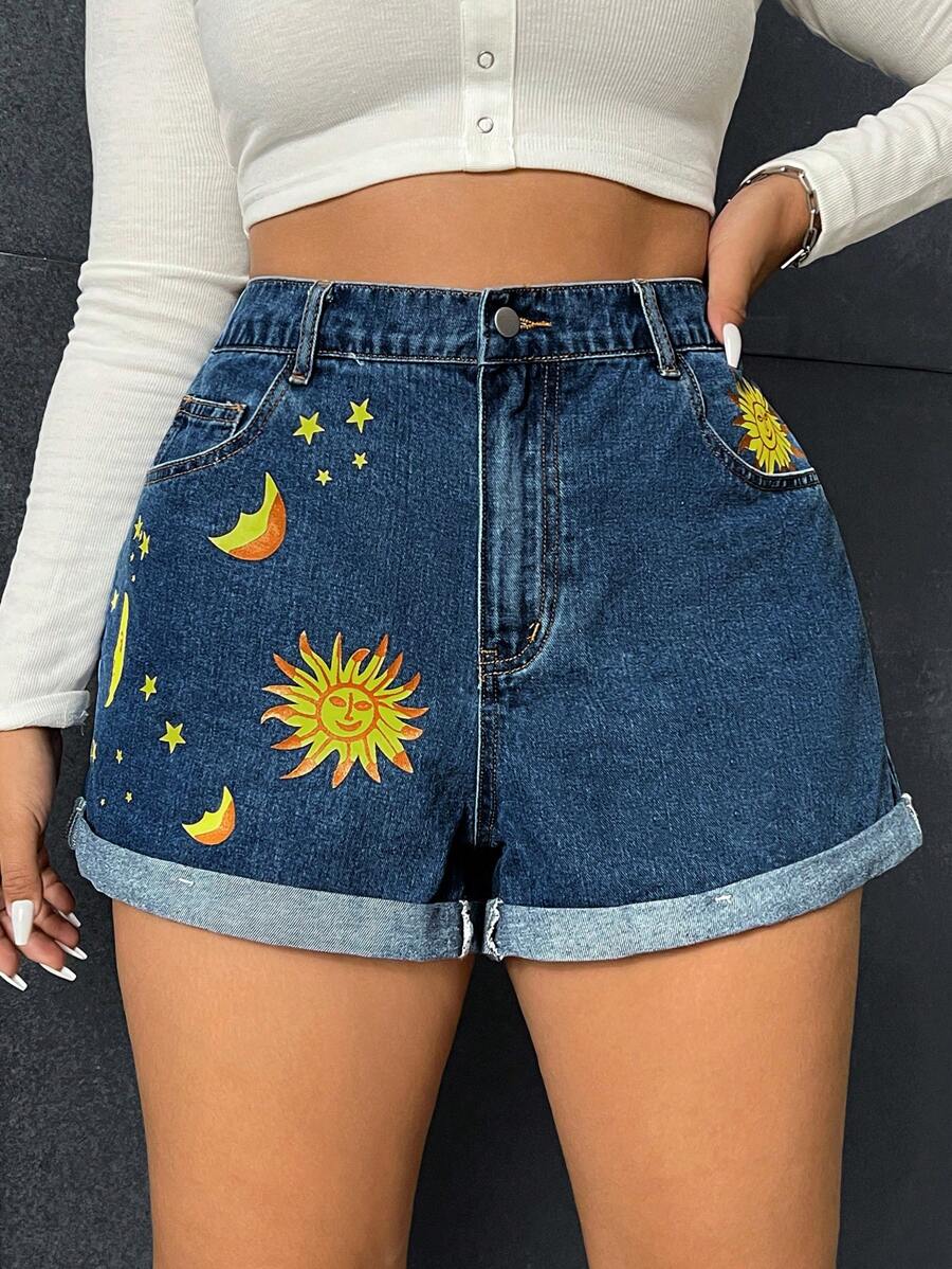 SHEIN EZwear 大碼日月圖案反摺褲腳牛仔短褲 - 中等水洗藍 - 查看 1