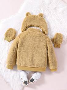 SHEIN Young Boy Casual Daily Commute Cute Stand Collar Zip-Up Fleece Jacket With Embroidered Hood And 1 Pair Of Gloves, Autumn/Winter - Mustard Yellow - View 2