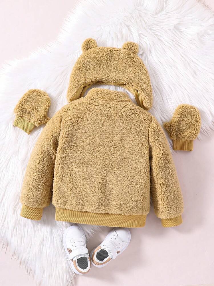 Young Boy Casual Daily Commute Cute Stand Collar Zip-Up Fleece Jacket With Embroidered Hood And 1 Pair Of Gloves, Autumn/Winter
