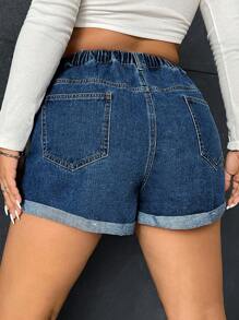 SHEIN EZwear 大碼日月圖案反摺褲腳牛仔短褲 - 中等水洗藍 - 查看 2