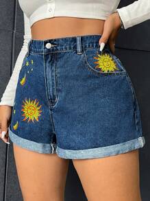 SHEIN EZwear 大碼日月圖案反摺褲腳牛仔短褲 - 中等水洗藍 - 查看 3