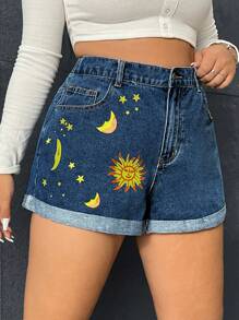 SHEIN EZwear 大碼日月圖案反摺褲腳牛仔短褲 - 中等水洗藍 - 查看 4