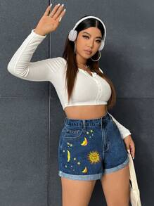 SHEIN EZwear 大碼日月圖案反摺褲腳牛仔短褲 - 中等水洗藍 - 查看 6