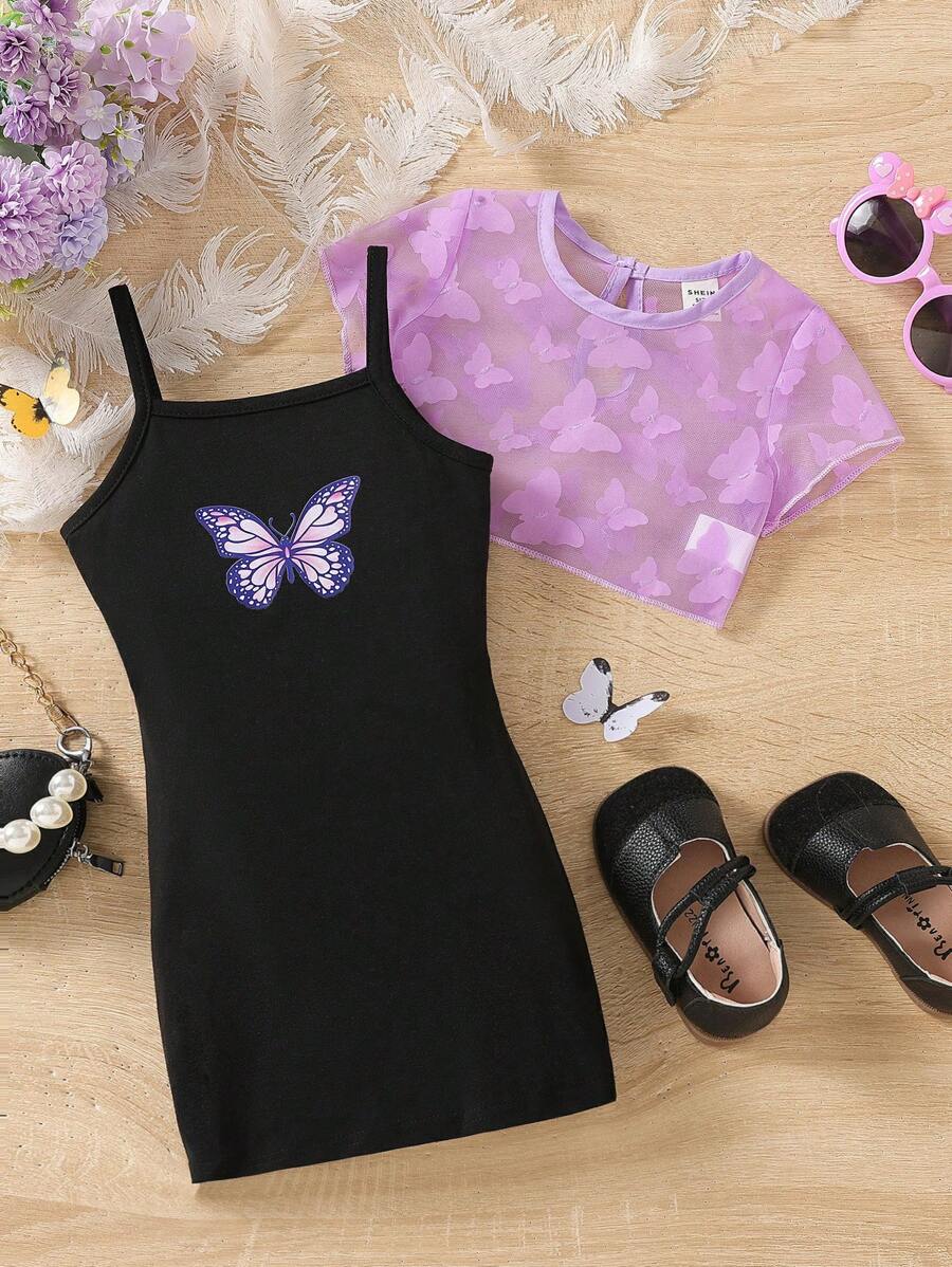 Baby Girl Butterfly Print Cami Dress & Mesh Top - Multicolor - View 1