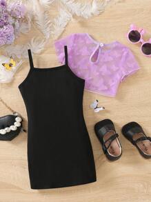 Baby Girl Butterfly Print Cami Dress & Mesh Top - Multicolor - View 2