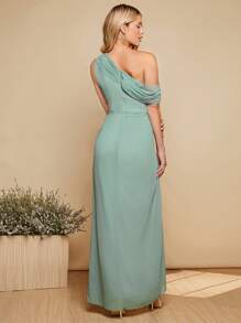 SHEIN Belle Vestido elegante con cuello asimétrico, drapeado y bajo envolvente, para eventos formales, bailes de graduación, cenas - verde menta - Ver 2