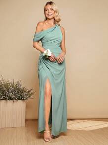 SHEIN Belle Vestido elegante con cuello asimétrico, drapeado y bajo envolvente, para eventos formales, bailes de graduación, cenas - verde menta - Ver 1