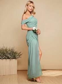 SHEIN Belle Vestido elegante con cuello asimétrico, drapeado y bajo envolvente, para eventos formales, bailes de graduación, cenas - verde menta - Ver 4