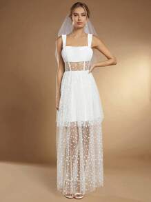 SHEIN Belle 波點網紗覆蓋婚紗洋裝不附面紗 - 白色 - 查看 6